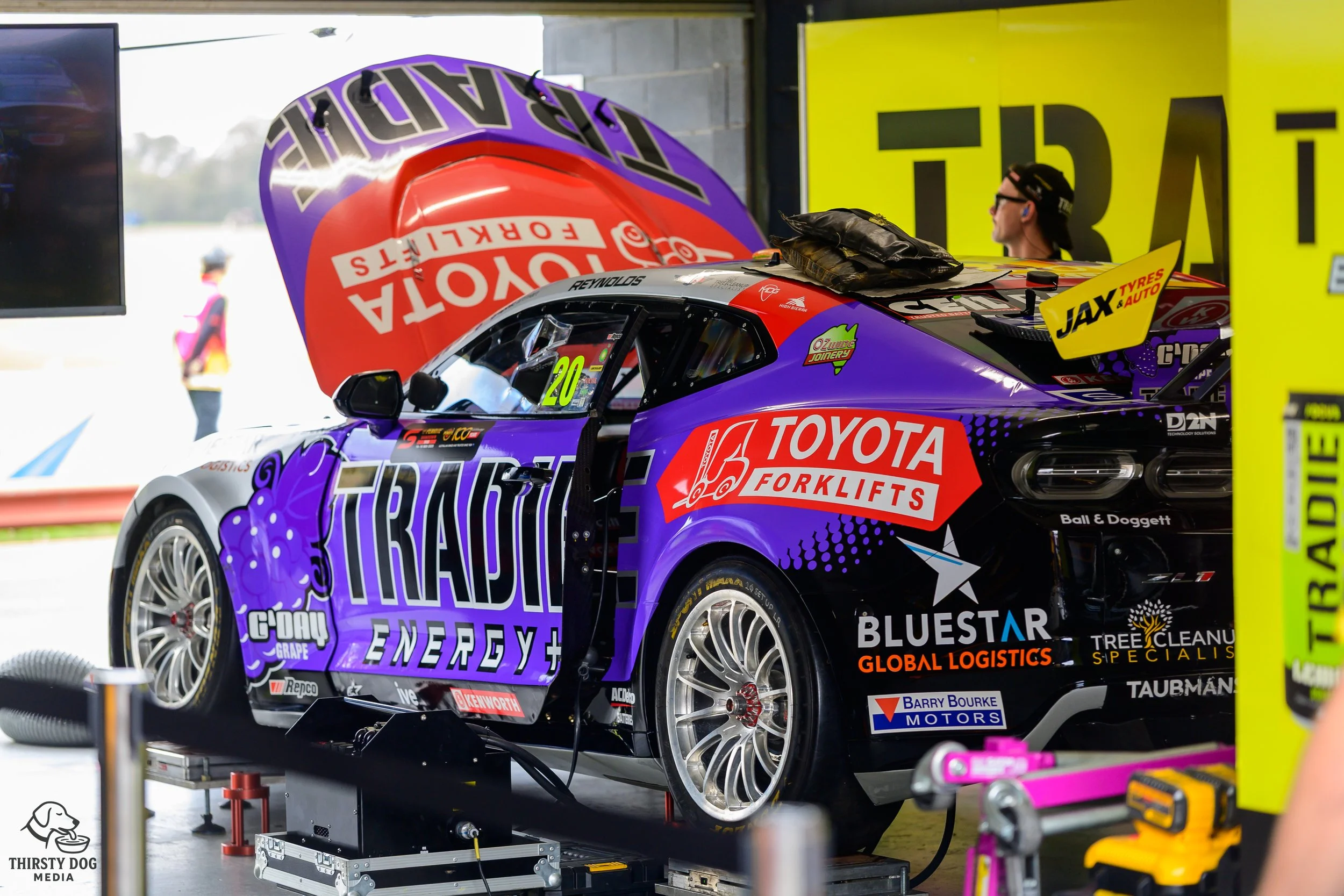Race car inside a garage with sponsor logos, including Toyota Forklifts, Bluestar, and Tree Cleanup Specialists, on a purple, black, and red livery. The car is positioned on a dynamometer with mechanical equipment nearby.