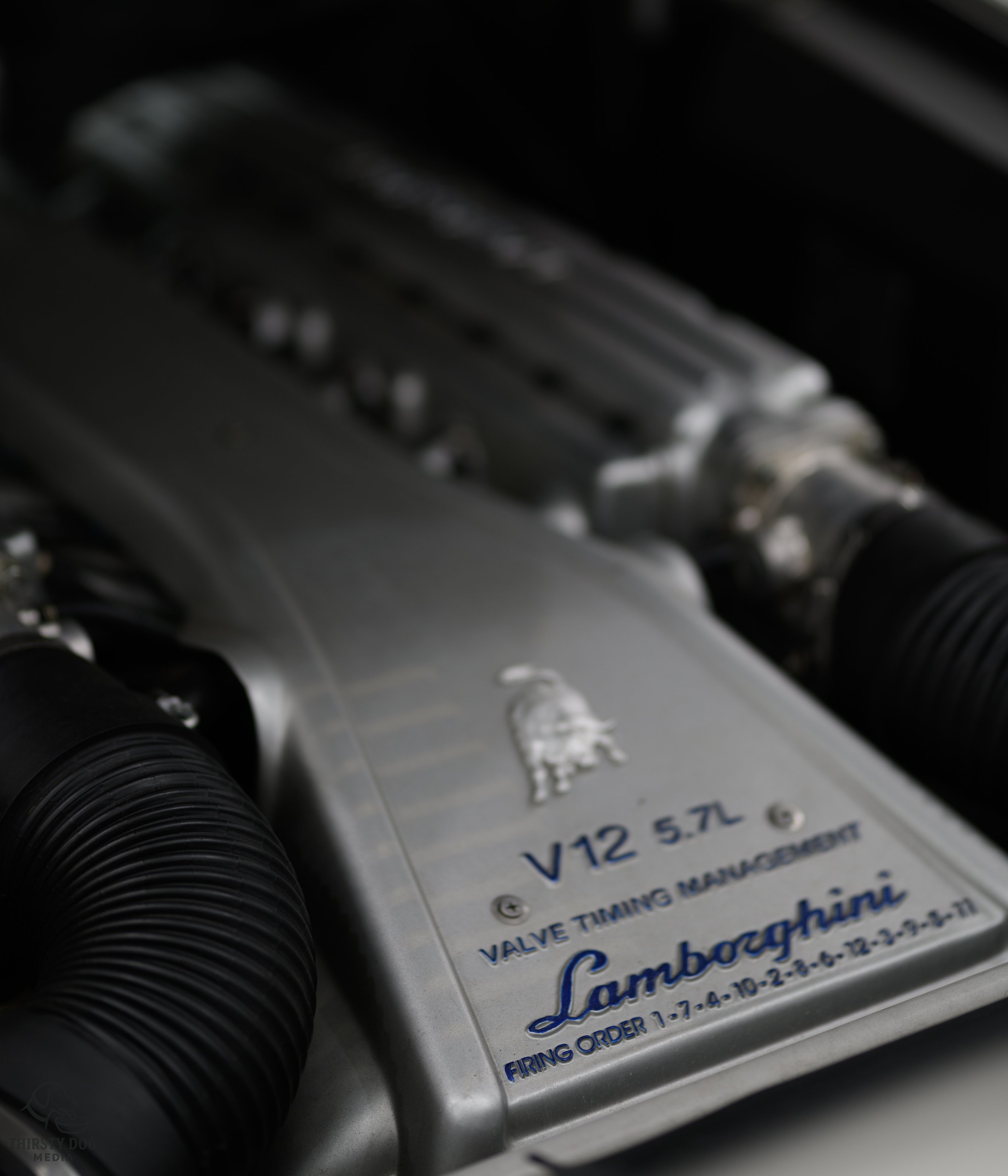 Close-up of a Lamborghini V12 engine with visible Lamborghini logo and specifications.
