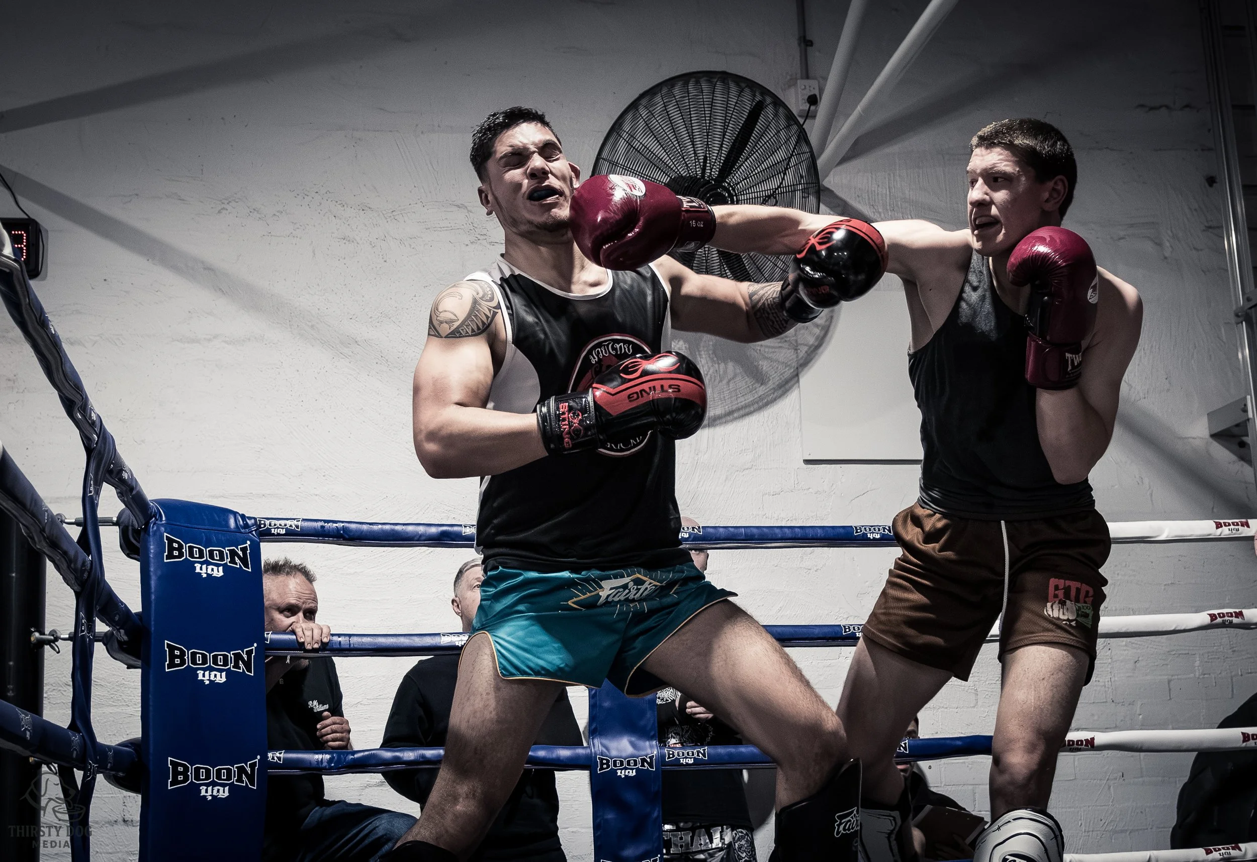 Two boxers in a ring, one delivering a punch to the other's face during a boxing match. The boxer on the left wears teal shorts and black gloves, while the one on the right wears black shirt, brown shorts, and red gloves. Spectators are visible in th