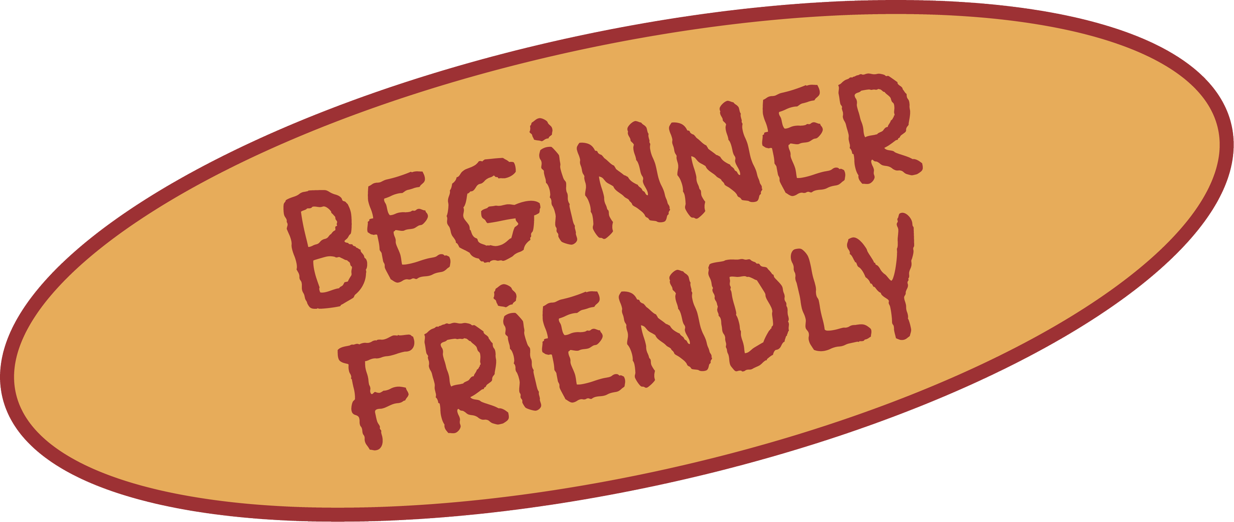Oval badge with the words 'Beginner Friendly' written inside in red letters.