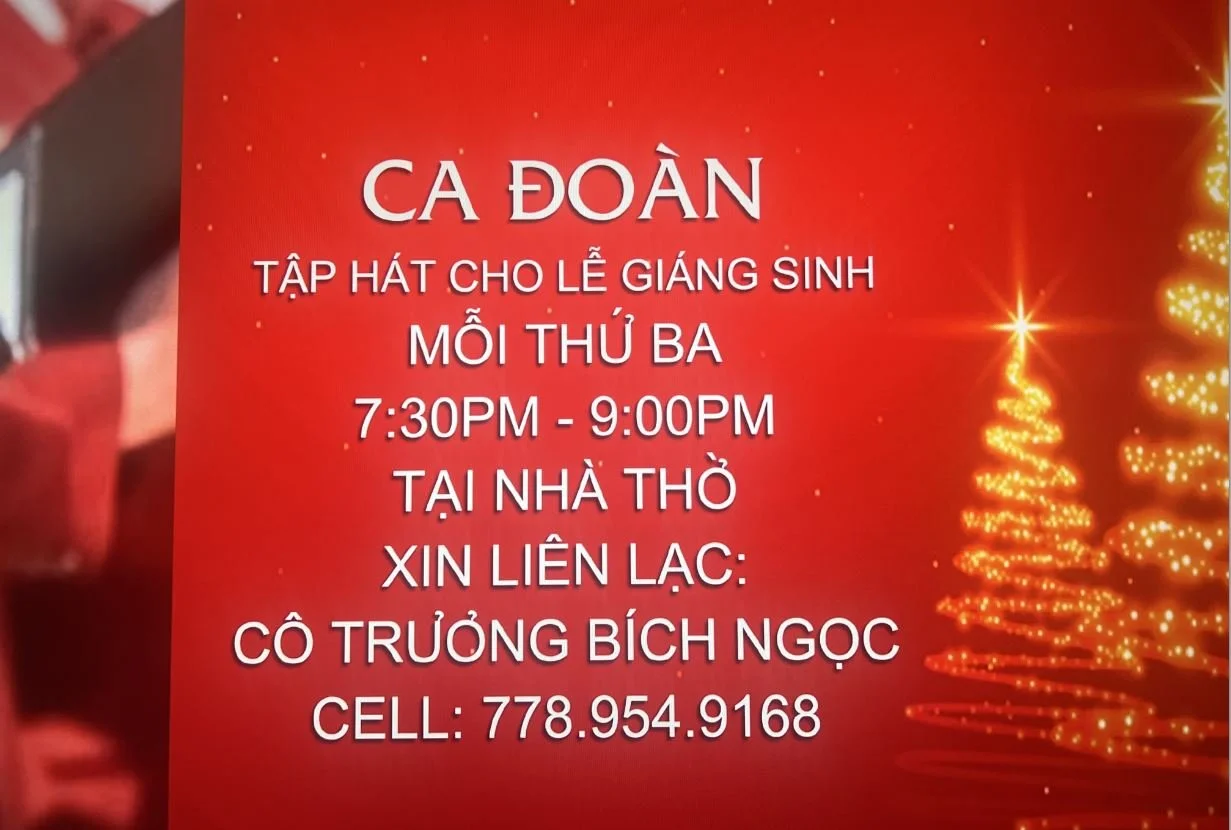 Red background with glowing Christmas trees and stars, white text announcing a choir singing for Christmas at a church on Tuesday from 7:30PM to 9:00PM, with contact information including a cell phone number.