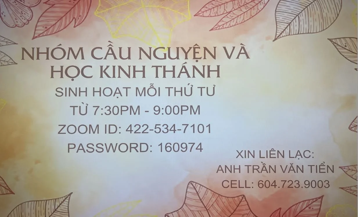 Invitation to a weekly prayer and Bible study group, meeting weekly on Wednesdays from 7:30 PM to 9:00 PM via Zoom with ID 422-534-7101 and password 160974. Contact person: Anh Trần Văn Tiến, phone 604-723-9003. The background features colorful autumn leaves and a faint watercolor texture.