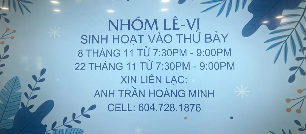 Event announcement poster in Vietnamese with blue botanical decorations, providing details about activities on November 8 and 22 from 7:30 PM to 9:00 PM, and contact information for Anh Trần Hoàng Minh.