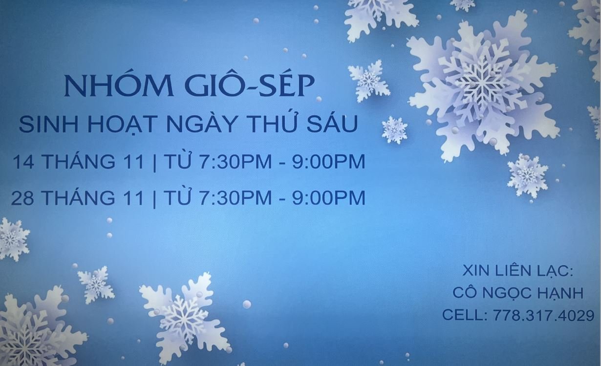 A blue flyer with snowflakes and text in Vietnamese promoting a weekly activity schedule for a group called Giờ-Sép, with dates and times in November, and contact information for Cô Ngọc Hạnh.