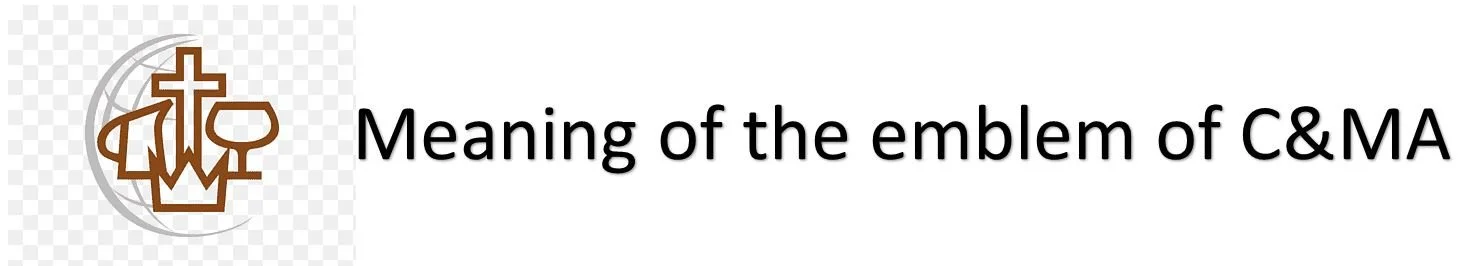 The emblem of C&M (Catholic and Methodist). It features a brown outline of a cross, a chalice, a book, and a dove on a transparent background.