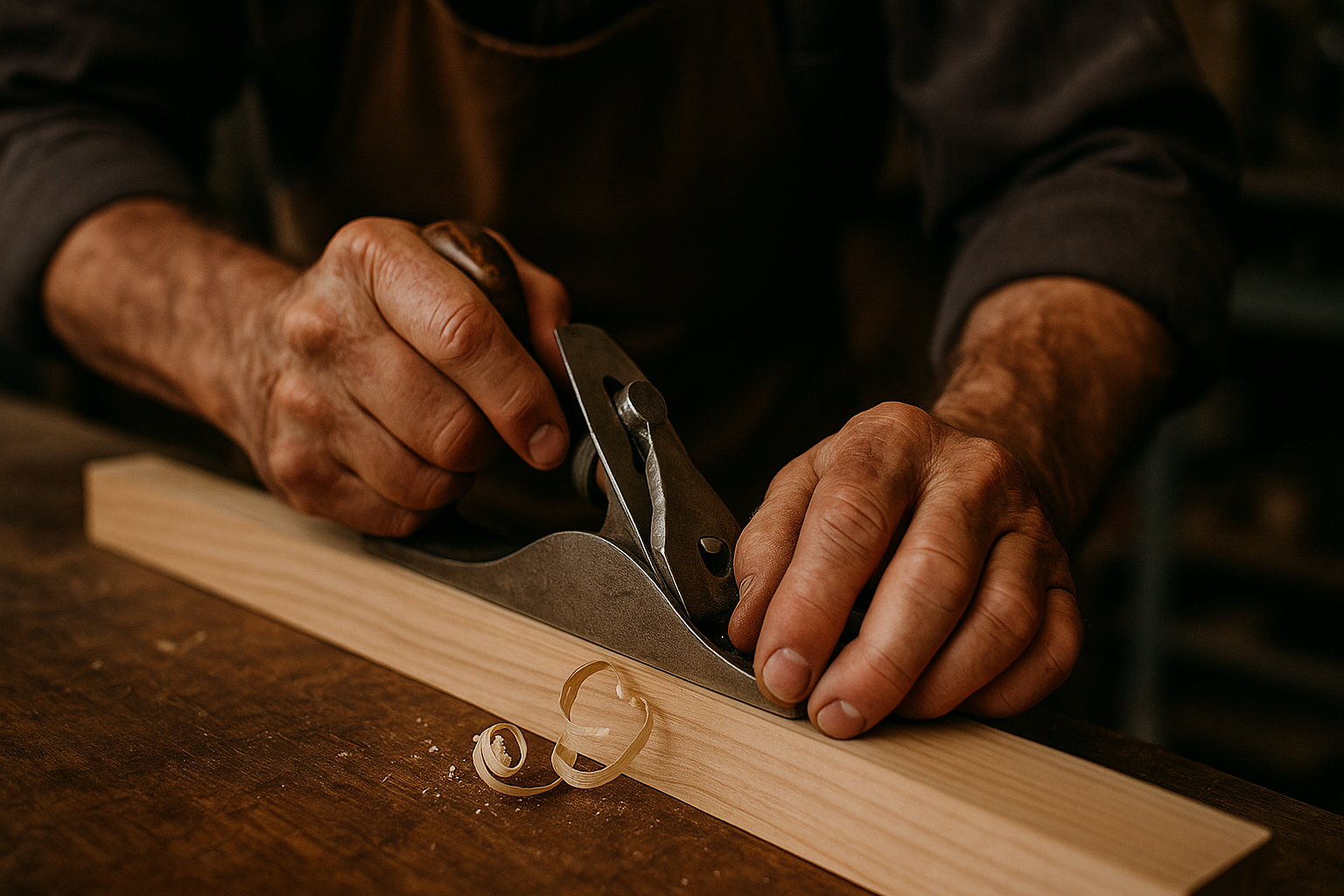 An elderly person using a hand plane to smooth a piece of wood on a workbench.