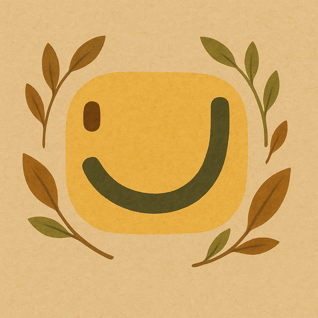 Un smiley jaune souriant entouré de branches et de feuilles brunes et vertes sur un fond beige.