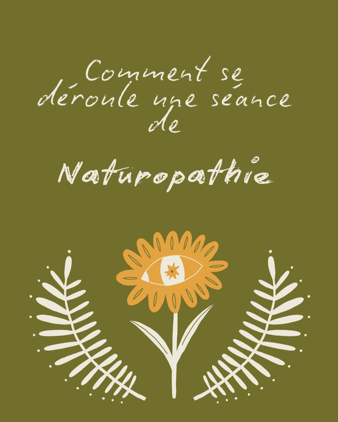 Une image verte avec le texte 'Comment se déroule une séance de Naturopathie' écrit en blanc, et une illustration d'une fleur avec un œil dans le centre, entourée de deux branches de feuilles blanches.