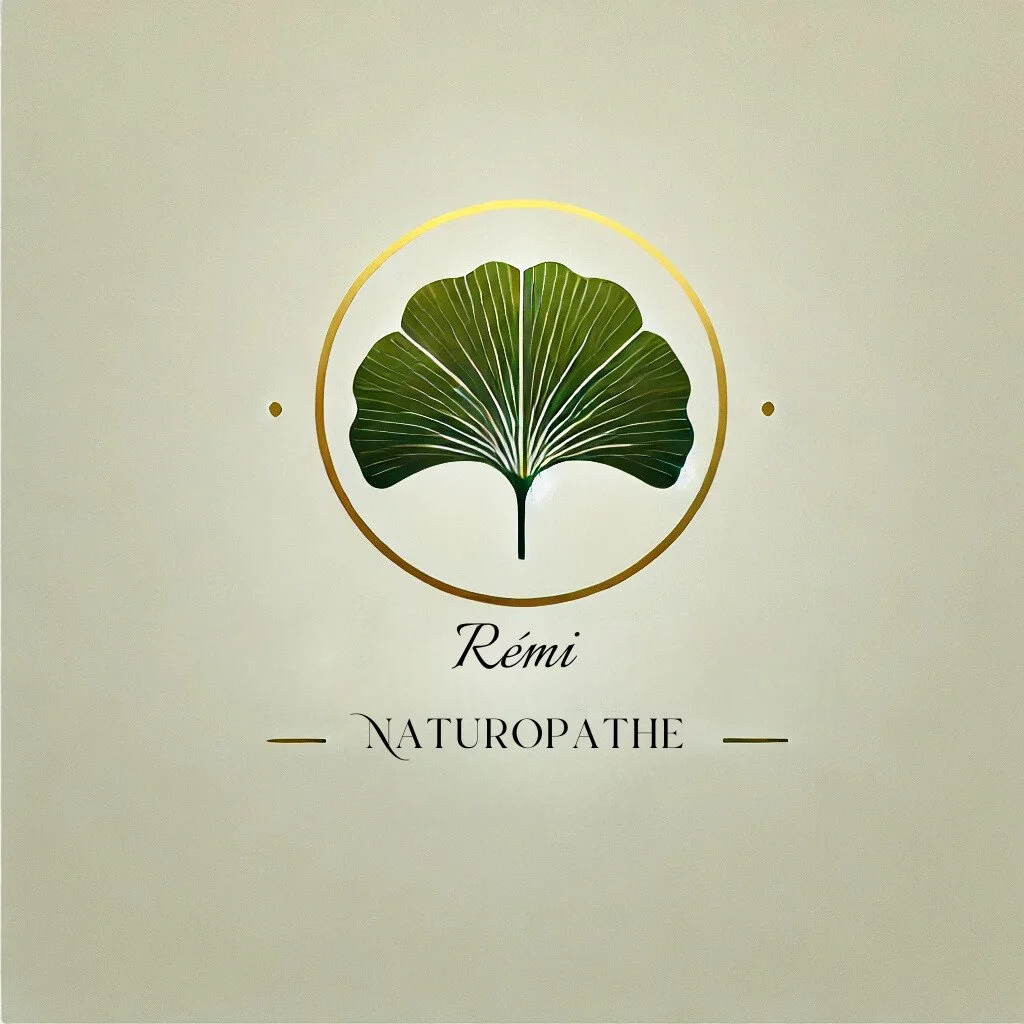 Logo avec une feuille verte stylisée en forme de coquille de ginkgo, entourée d'un cercle doré, avec le texte 'Rémi Naturopathe' en dessous.