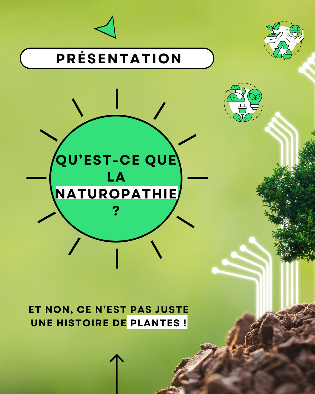 Affiche éducative sur la naturopathie, avec des éléments de nature, de recycle et de plantes, expliquant que la naturopathie ne concerne pas seulement l'histoire des plantes, mais un concept plus vaste de soins naturels.