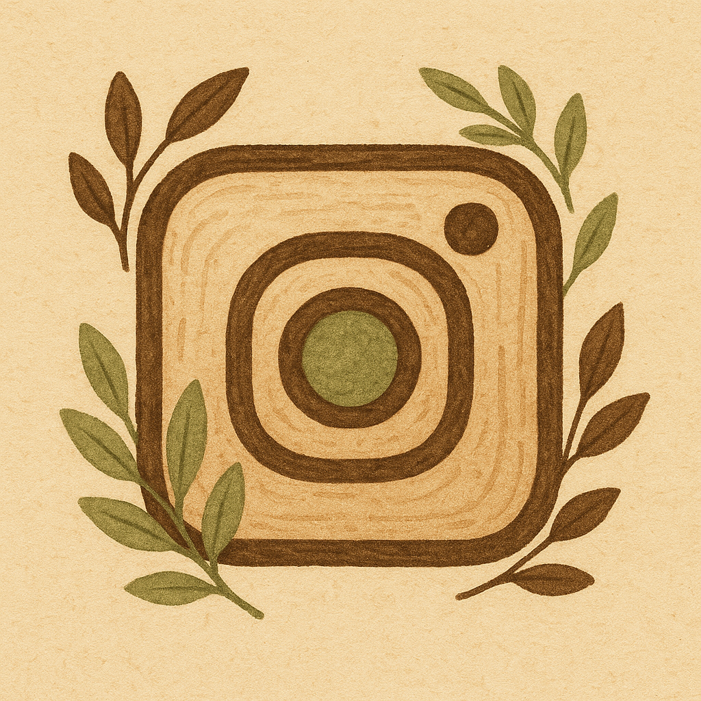 Une illustration artistique du logo d'Instagram avec des éléments de décoration en feuilles vertes et brunes.