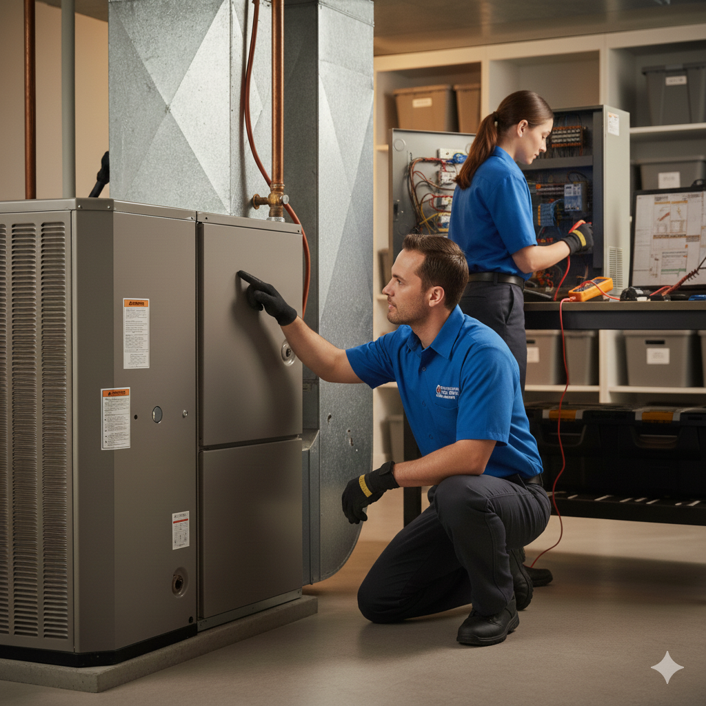 Two technicians working on an HVAC system; one kneeling, the other standing and working on an electrical panel in a workshop or maintenance room.
