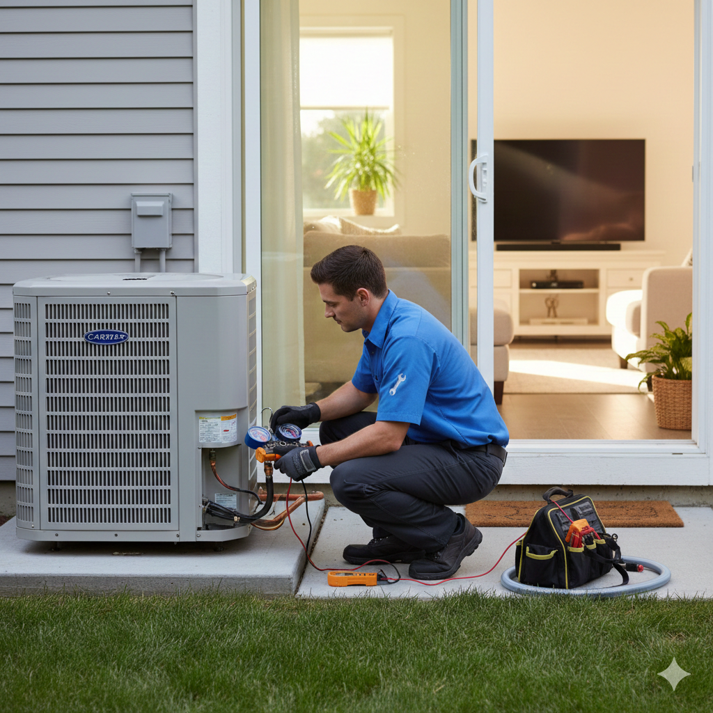 Technician working on an air conditioning unit outside a house, with tools and a bag nearby.