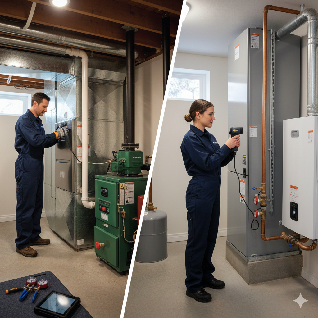 Two technicians working on HVAC systems in different settings. The technician on the left is checking or repairing an HVAC unit in a basement, while the technician on the right is inspecting or maintaining a water heater or boiler in a utility room.