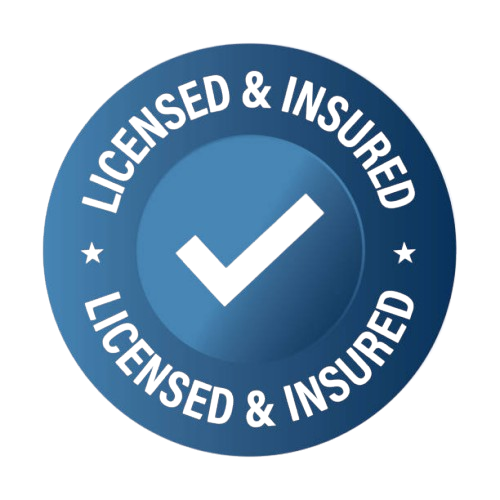 A blue circular badge with a check mark in the center. The badge has the text "Licensed & Insured" written in a circular pattern around the edge.