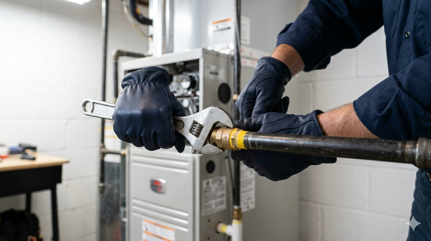 AmeriHeat technician installing new gas furnace during oil to gas conversion in Rochester NY