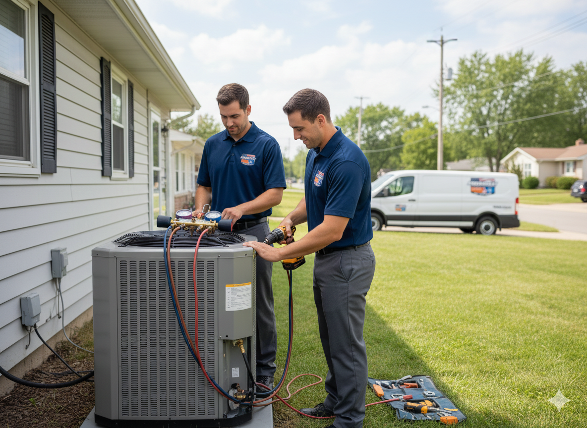 Two HVAC technicians working on a central air conditioning unit outside a house, using tools.