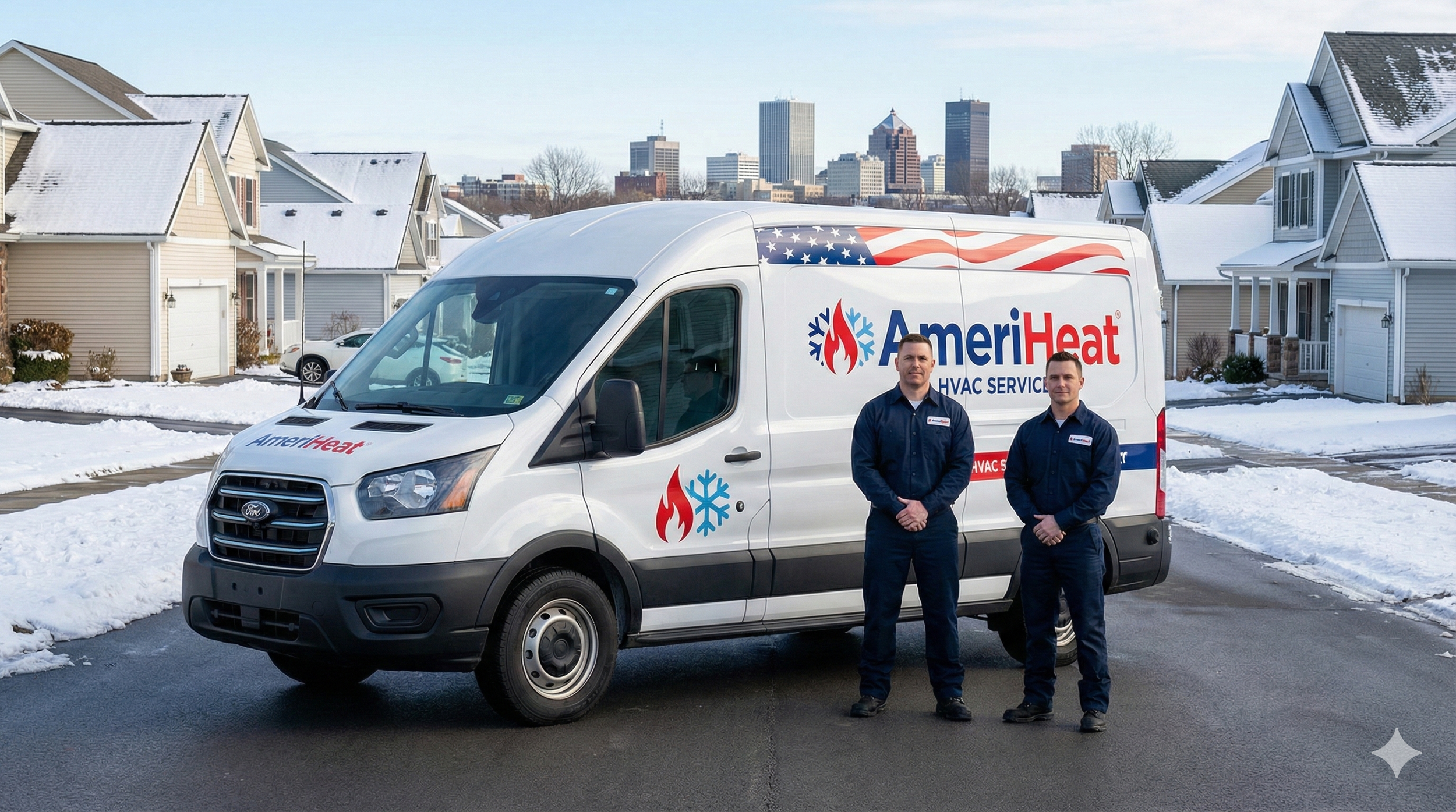 Two HVAC technicians standing in front of a white AmeriHeat service van with branding, parked in a snowy residential neighborhood with houses and a city skyline in the background.