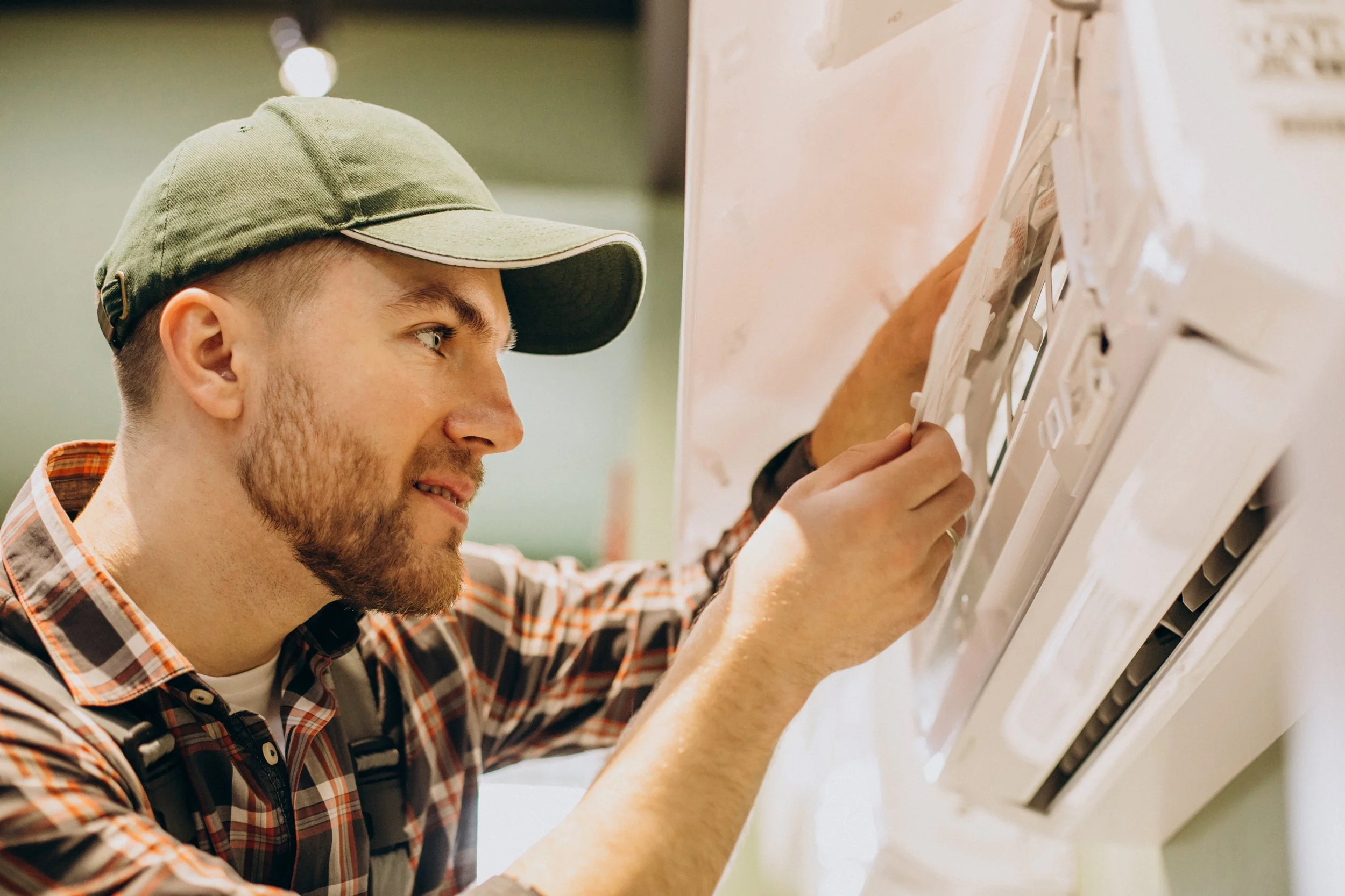 A young man installing or repairing an HVAC unit or air filter, wearing a plaid shirt and a green cap in an indoor setting.