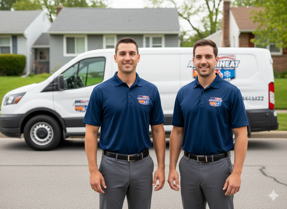 Two men in navy blue polo shirts with company logos standing in front of a white service van on a residential street.
