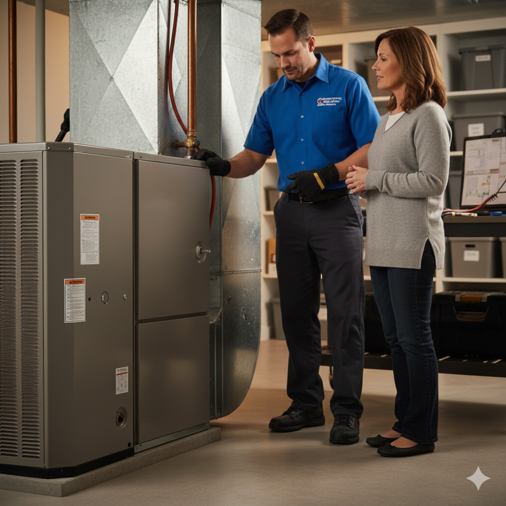 Technician explaining furnace operation to a woman in a utility room.