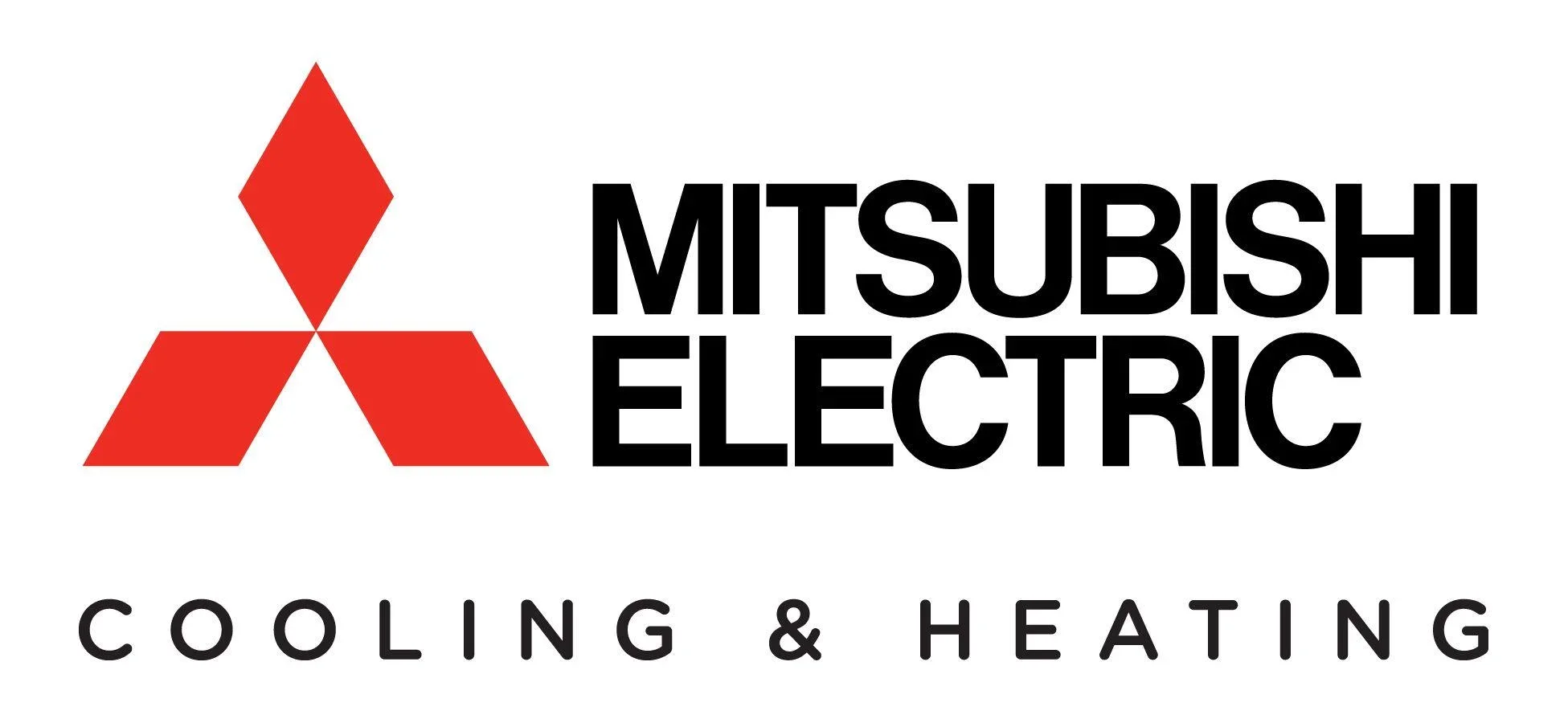 Mitsubishi Electric logo with a red triple diamond symbol, company name in black text, and "Cooling & Heating" in smaller black text underneath.