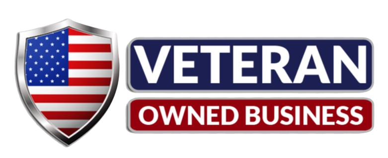 A logo with a shield emblem featuring the American flag and the text 'VETERAN OWNED BUSINESS' in bold, patriotic colors.