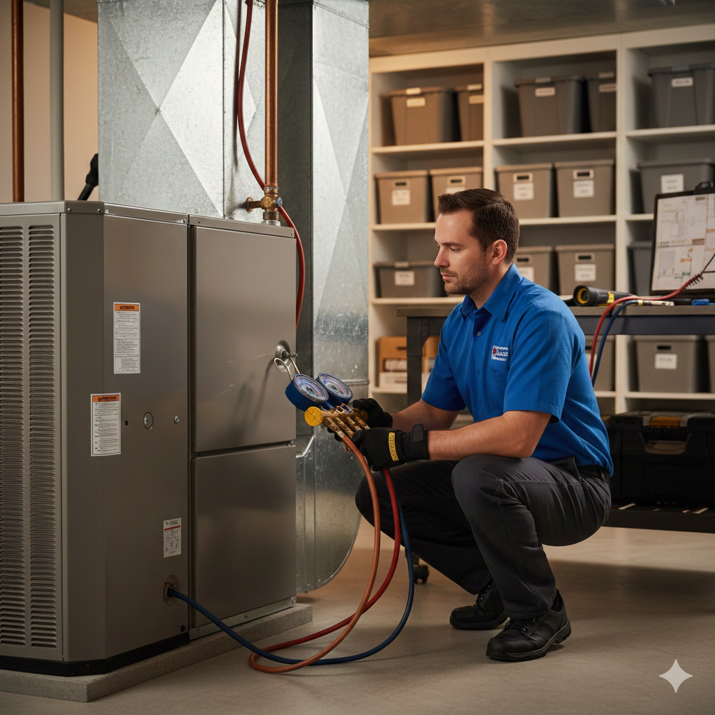 A technician in a blue uniform and black gloves is working on an HVAC unit with gauges and hoses in a storage or maintenance room.