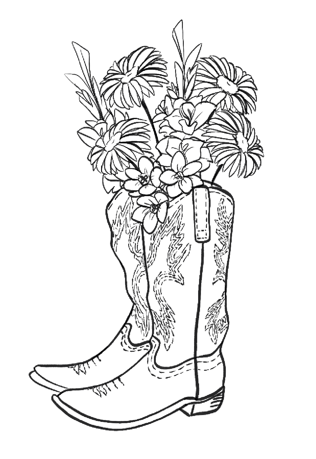 Tattoo Design (May 2023) - 
This was a $25 commission tattoo that my cousin asked me to draw for her. The cowgirl boots are her own boots that she often wears and each flower there is to represent her and her family's birth months, each flower being 