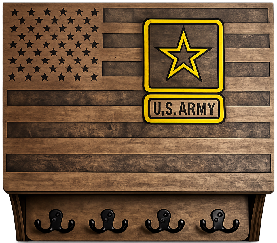 A wooden wall with an American flag design, a U.S. Army star emblem, and four black hooks at the bottom.