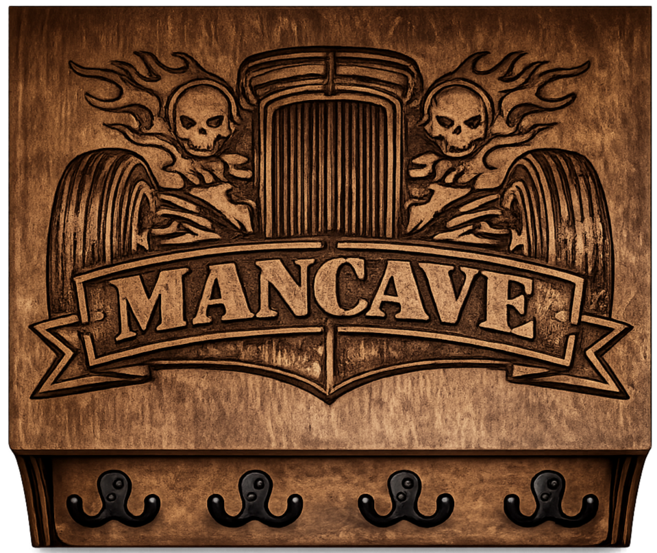 Wooden wall shelf with hooks, decorated with a carved design featuring a vintage car, fire flames, skulls, and the word 'MANCAVE' in bold letters.