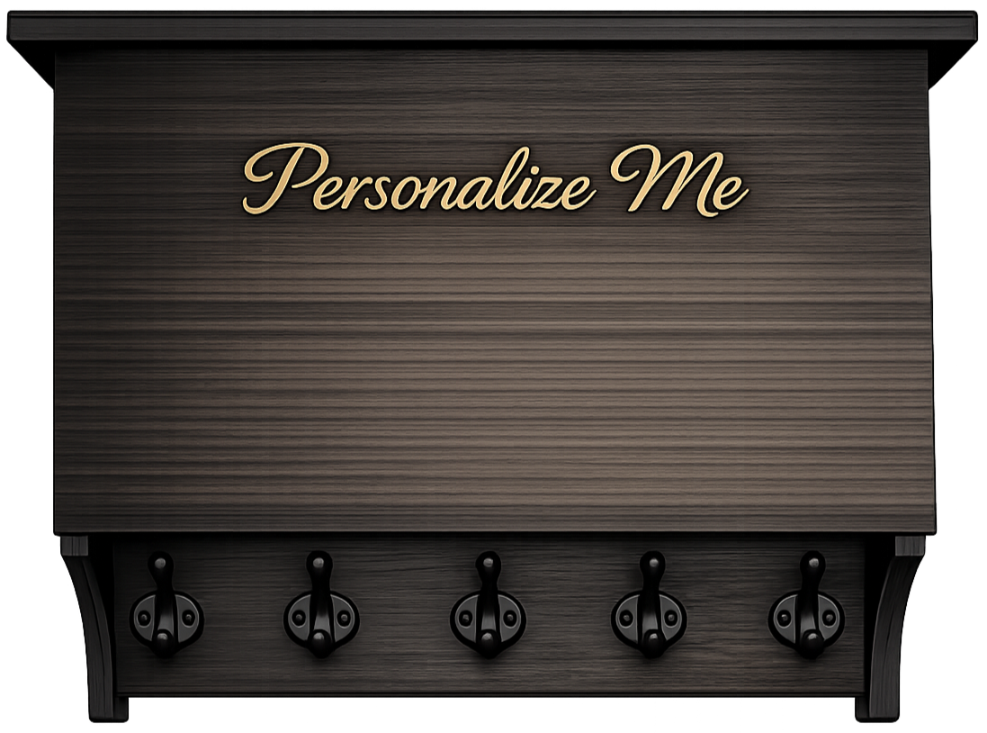 Personalized wooden wall key holder in charcoal black finish with custom name engraving