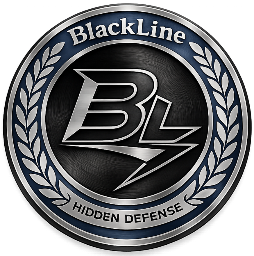 BlackLine Hidden Defense logo – concealed firearm storage and hidden wall safe brand
