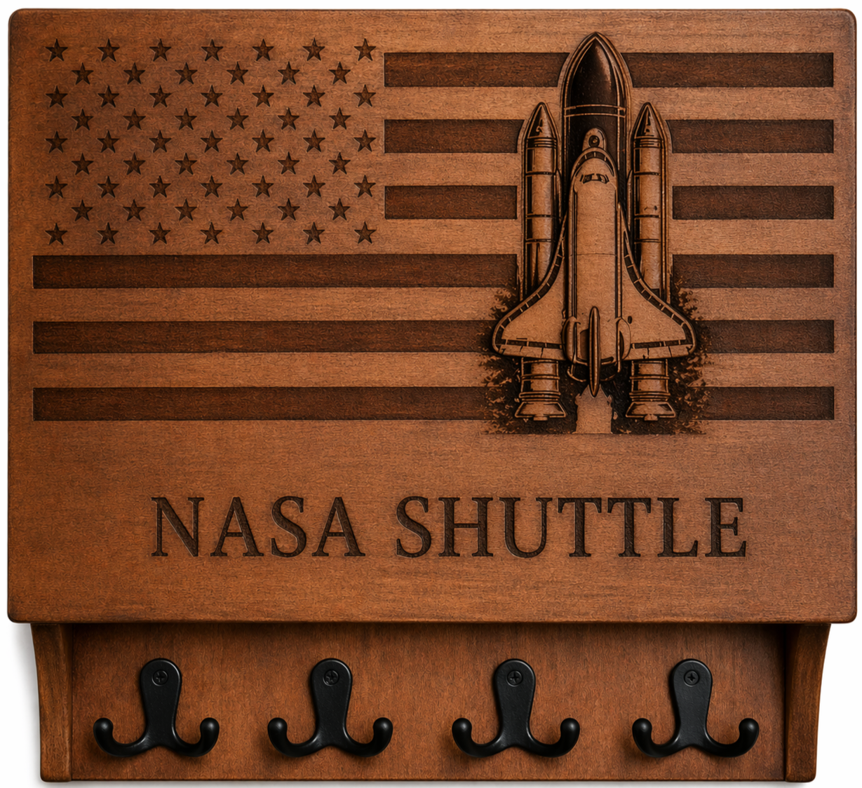Wooden wall-mounted key holder with NASA space shuttle design, American flag, and four hooks for keys.