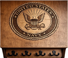 Military themed hidden gun cabinet with U.S. Navy emblem and concealed storage design