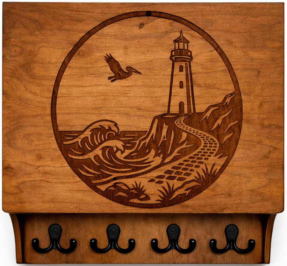 Wooden wall hook rack with a painted lighthouse, waves, and a seagull in a circular design
