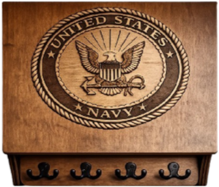 Wooden plaque with the United States Navy seal and hooks below for hanging