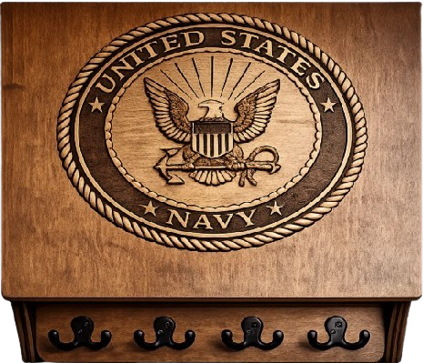 U.S. Navy emblem carved into BlackLine Hidden Defense hidden gun cabinet with solid wood construction