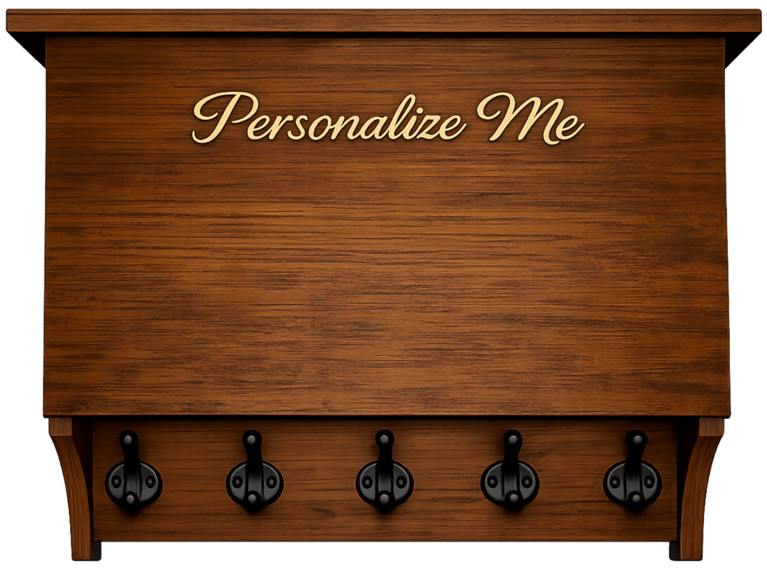 Personalized wooden wall key holder in Early American finish with custom engraving