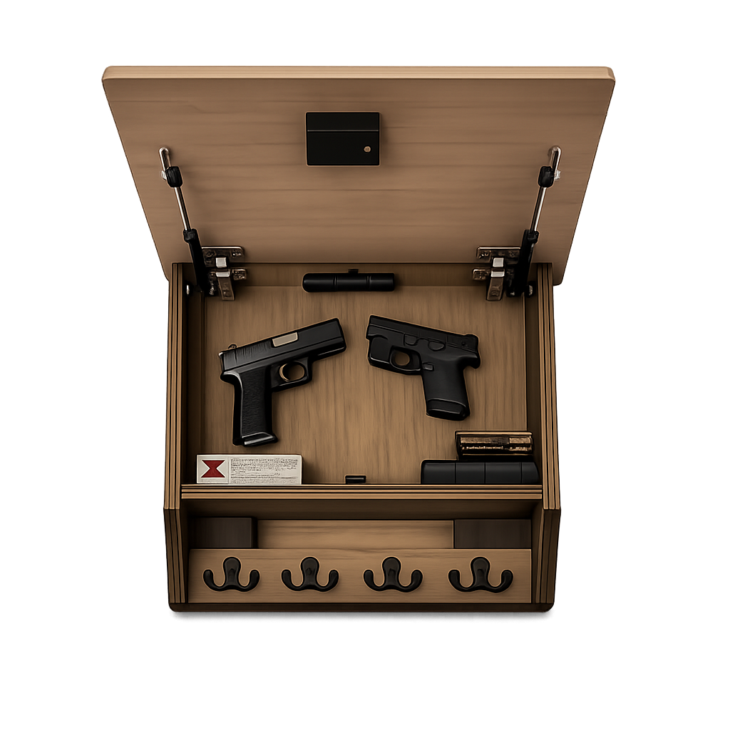 Wooden firearm storage box with accessories.png
