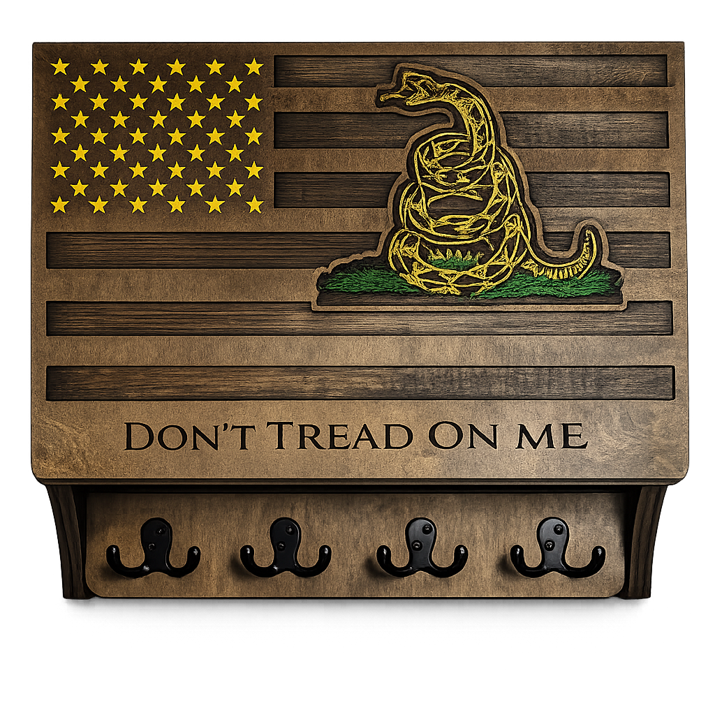 Wooden flag wall art with yellow stars, a coiled yellow snake, and the text 'Don't Tread On Me' below, with hooks at the bottom.