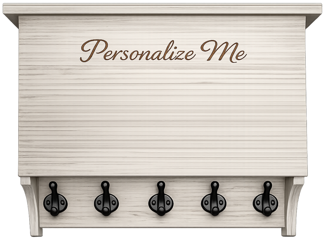 Personalized wooden wall key holder in white wash finish with custom engraving