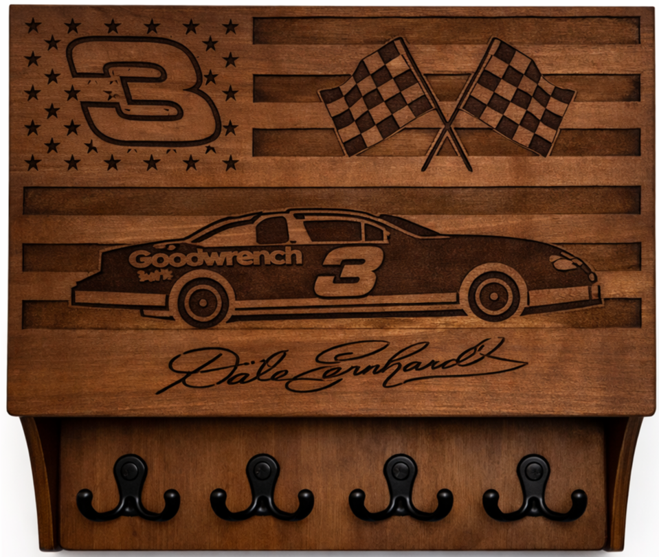 A wooden key holder with racing-themed engravings, including a checkered flag, a race car with the number 3, and the name Dale Earnhardt, along with a large number 3 and a circular design with stars.