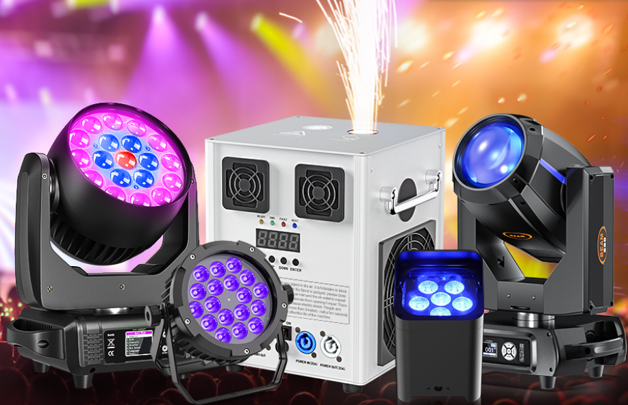 Lighting equipment including moving head lights, LED lights, and a fog machine with colorful beams in a concert or event setting.