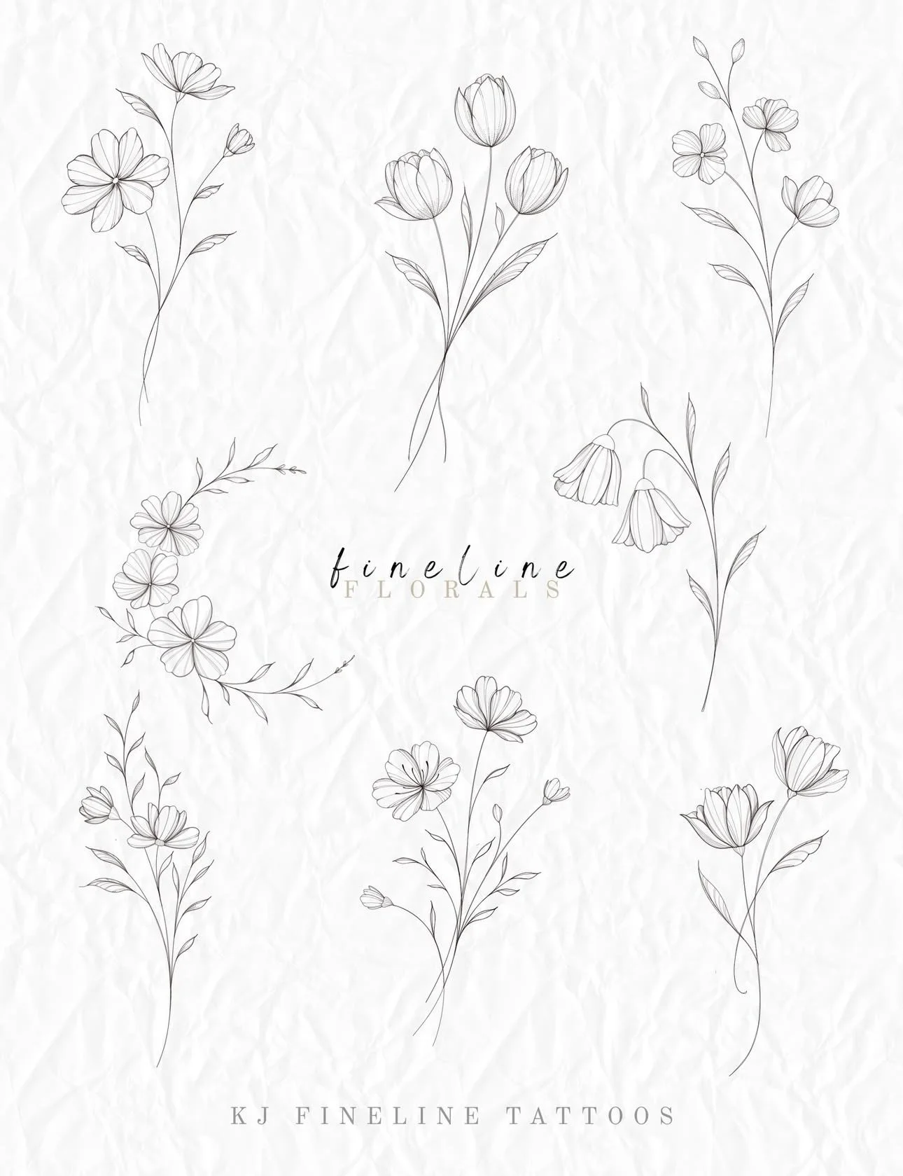 Several black and white floral sketches with different flower designs, the words 'finedline FLORALS' in the center, and the text 'KJ FINELINE TATTOOS' at the bottom.