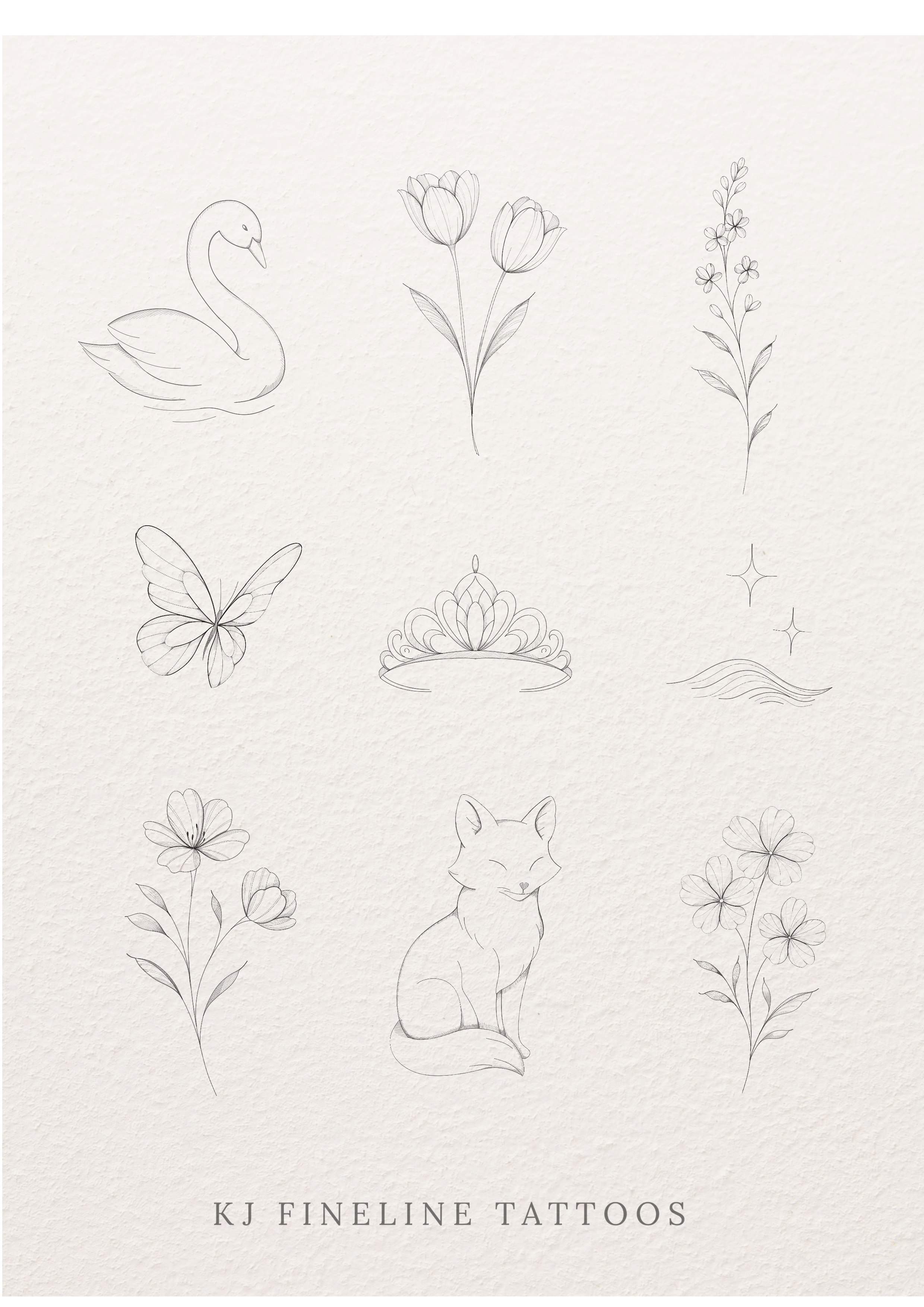 Collection of minimalist tattoo designs including a swan, various flowers, a butterfly, a tiara, stars with waves, and a sitting fox, with the text 'KJ Fineline Tattoos' at the bottom.
