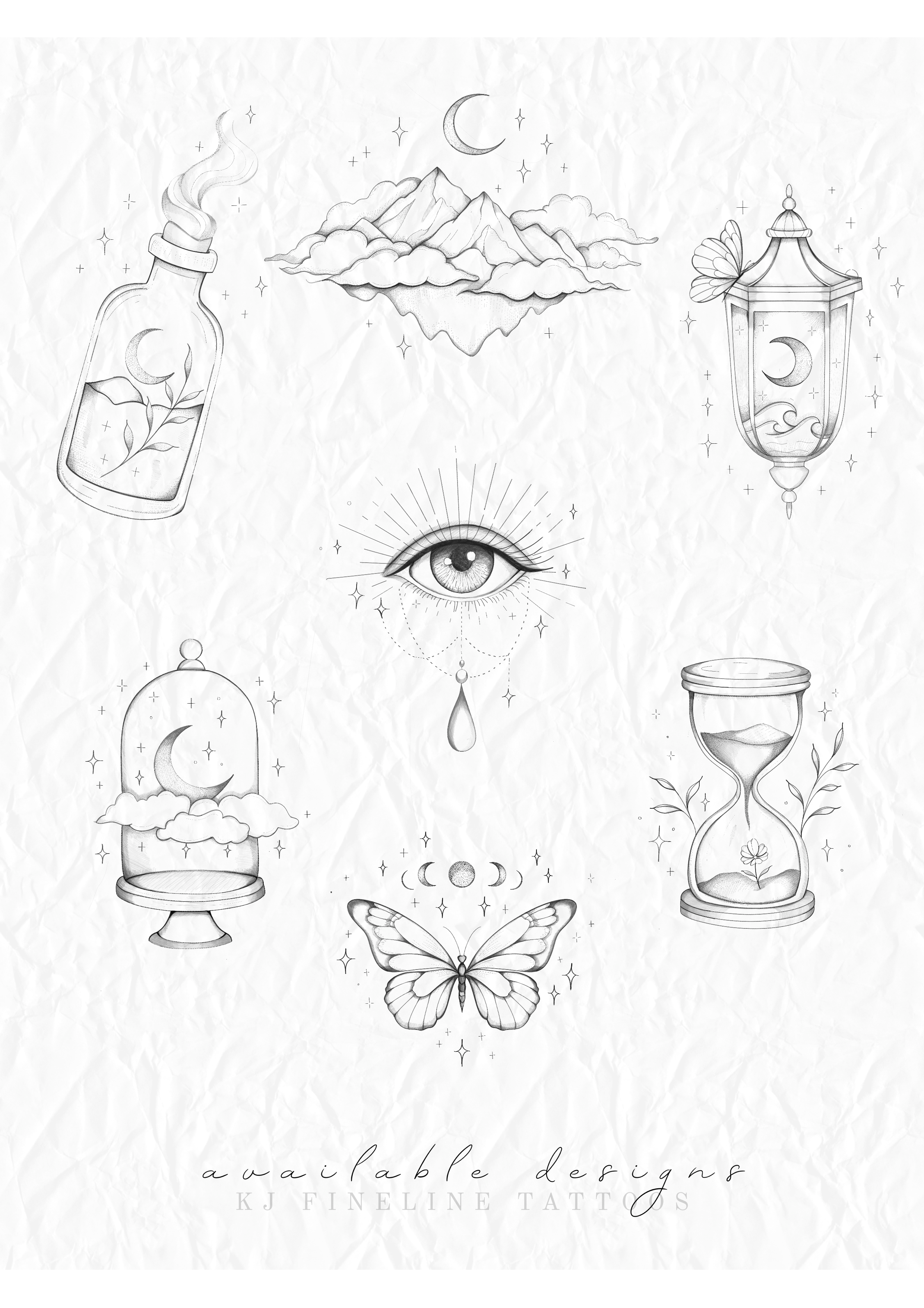 Collection of black and white tattoo sketches including bottles, lamps, clouds, mountains, an eye with a teardrop, a butterfly, an hourglass, and moon phases, with the text 'available designs' at the bottom.
