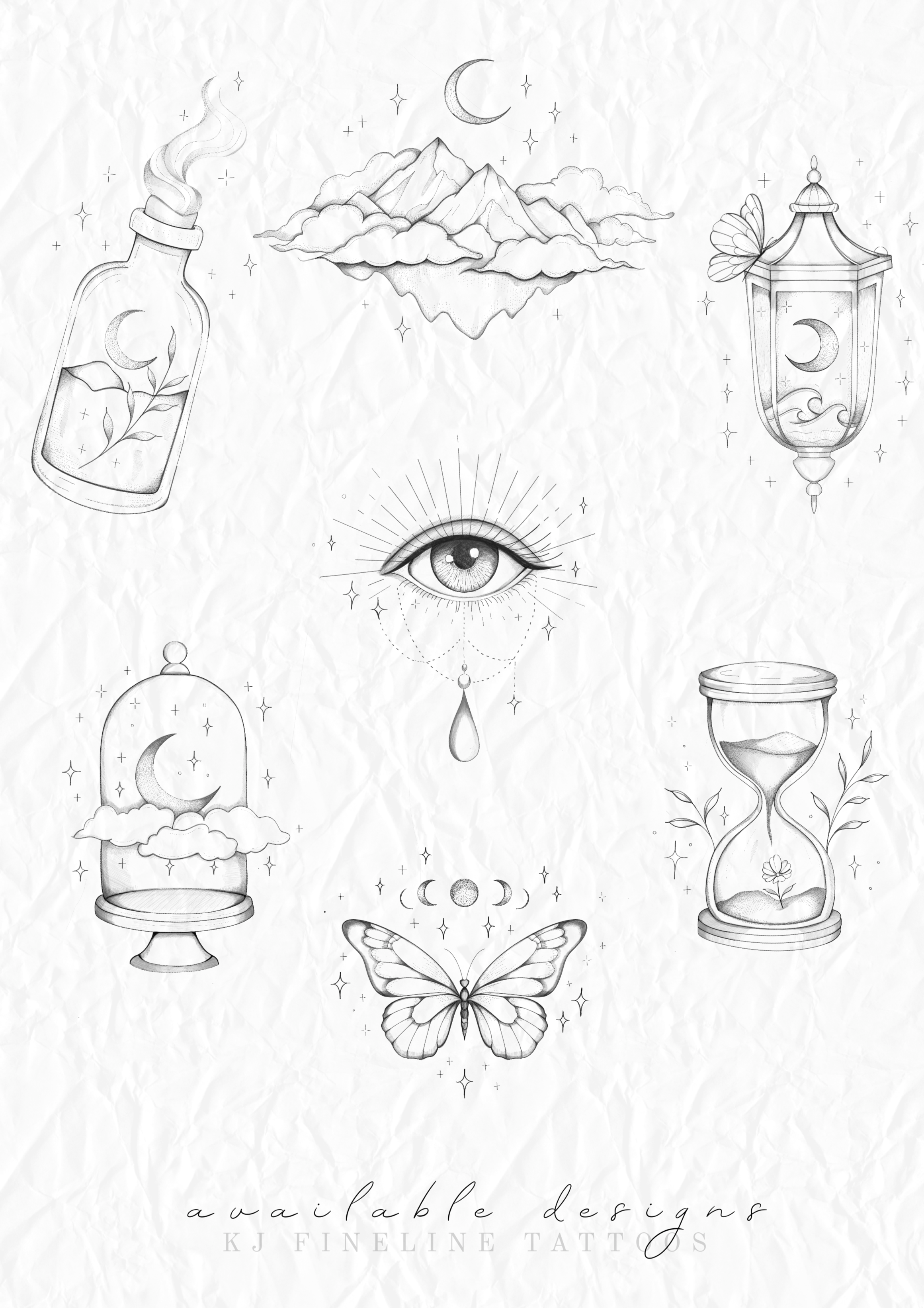 A collection of black and white tattoo designs including an eye with a teardrop, an eye with a crescent moon and stars, celestial elements, mountains with clouds, lanterns with moons and clouds, an hourglass with a flower, a butterfly, and the text "available designs" by KJ Fineline Tattoos.