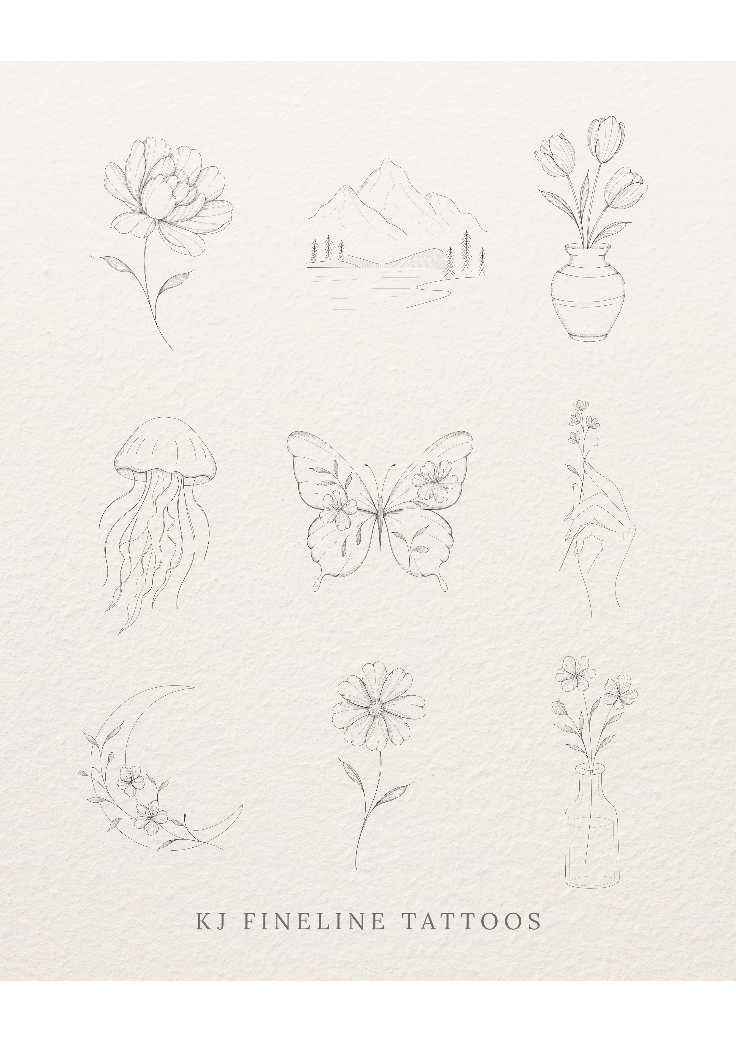 Collection of delicate line art tattoos, including flowers, mountain landscape, vase with flowers, jellyfish, butterfly, hand holding a flower, crescent moon with flowers, single flower, and multiple flowers in a bottle, with the text 'KJ Fineline Ta