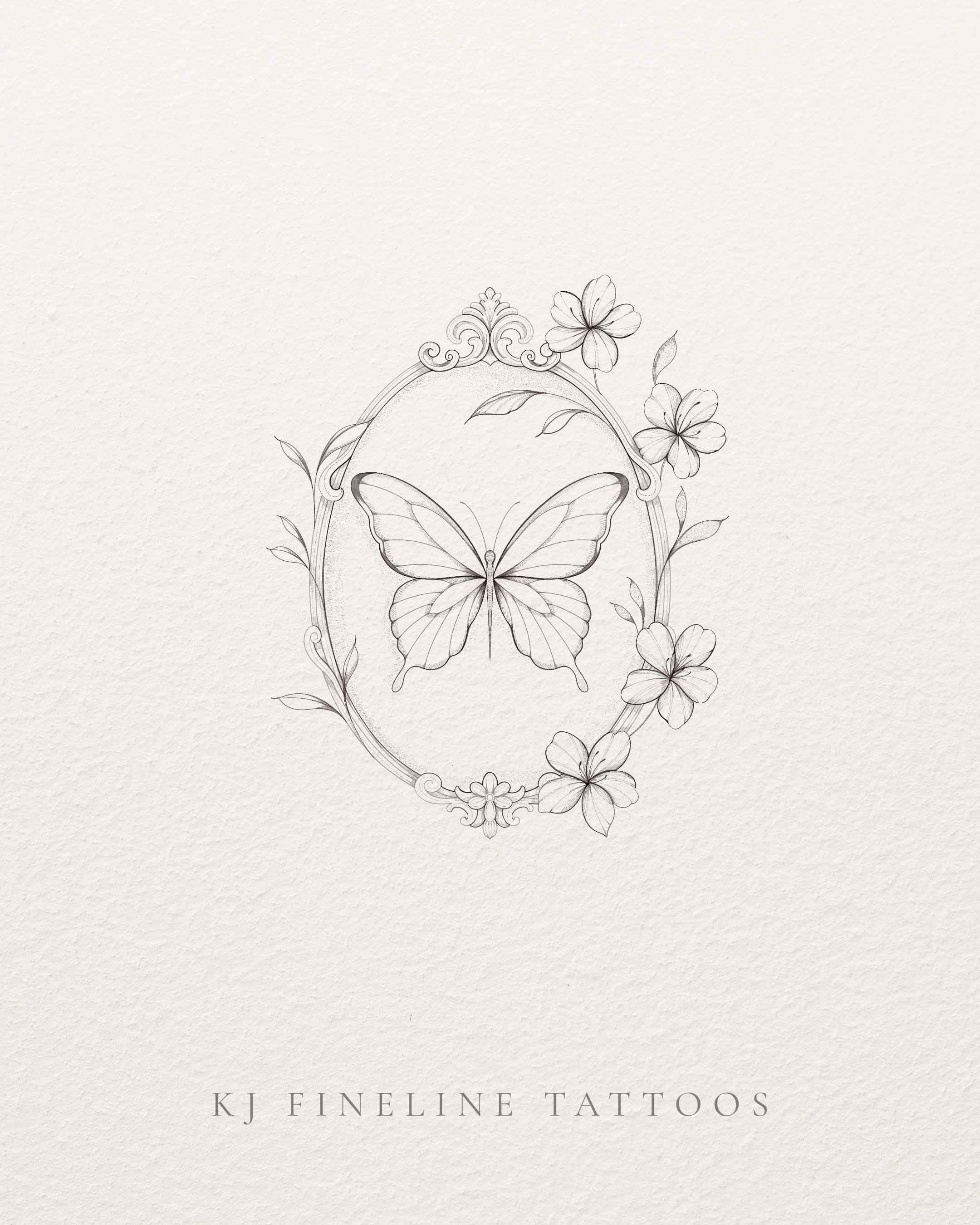 A pencil sketch of a butterfly surrounded by flowers and decorative flourishes with the text 'KJ Fineline Tattoos' below.